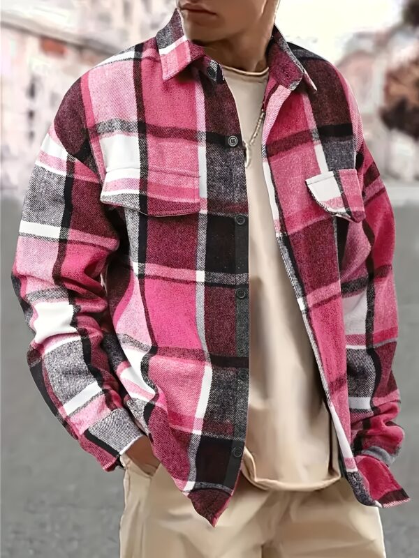 Men's Stylish Plaid Flannel Shirt - Long Sleeve, Button-Up Collar with Chest Pockets, Dark Green & Blue-Gray Checkered Pattern, Casual Outdoor Fall/Winter Wear, Casual Outdoor Shirt | Sporty Style Shirt | Polyester Flannel - Image 5