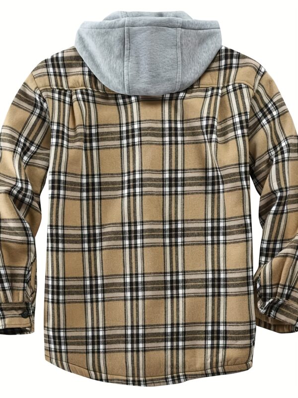 Men's Vintage Plaid Fleece-Lined Hooded Jacket - Warm Sherpa-Lined Button- Shirt with Pockets for Fall & Winter, Beige & Black Retro Style, Long Sleeve, Cotton Blend, Umbrella-Shaped Hem, Fleece Jacket - Image 5