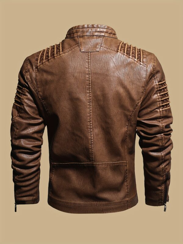Men's Solid Color Retro PU Leather Jacket, Multi-pocket Street Stylish Classic Bomber Jacket - Image 7