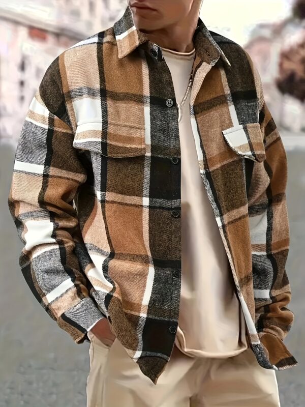 Men's Stylish Plaid Flannel Shirt - Long Sleeve, Button-Up Collar with Chest Pockets, Dark Green & Blue-Gray Checkered Pattern, Casual Outdoor Fall/Winter Wear, Casual Outdoor Shirt | Sporty Style Shirt | Polyester Flannel - Image 4