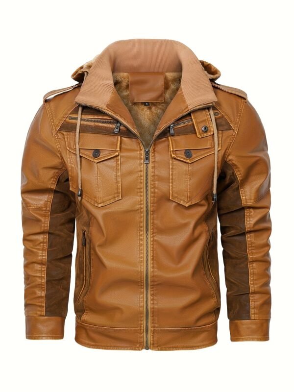 [Vintage Charm] Men's Warm Fleece-Lined PU Leather Jacket - Vintage Brown Biker Style with Zippered Hood, Plush Fur Collar & Cuffs, Long Sleeve Winter Coat for Casual Streetwear, Biker Jacket - Image 3
