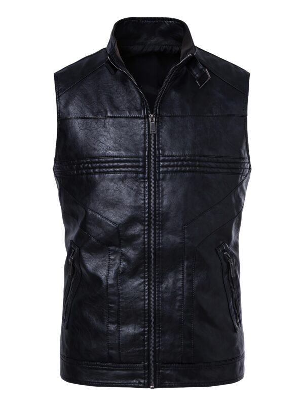 Men's PU Leather Motorcycle Vest - Slim Fit Sleeveless Jacket with Zippered Pockets, Stand Collar & Reinforced Straps, PU Leather & Polyester Blend for Biking, Casual, Daily Wear (Black) - Image 6