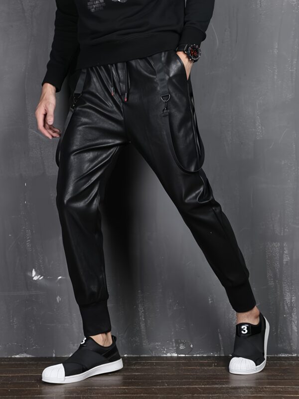 Men`s Faux Leather Joggers PU Pants Elastic Waist Hip Hop Street Style Ankle Cuffed Harem SweatPants - Image 4