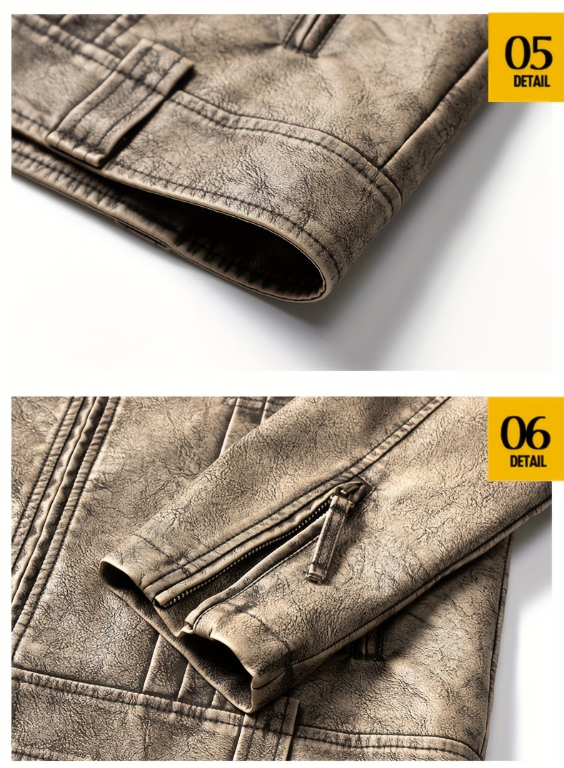 1pc Vintage Style Men'S Faux Leather Jacket - Classic Business Casual Motorcycle Biker Coat, High-Quality Fashion Outerwear with Washed Distressed Finish, Stand Collar, Long Sleeves, Zipper Closure, Non-Stretch Woven Fabric, Solid Color, Polyester Lining - Ideal for Daily & Casual Wear