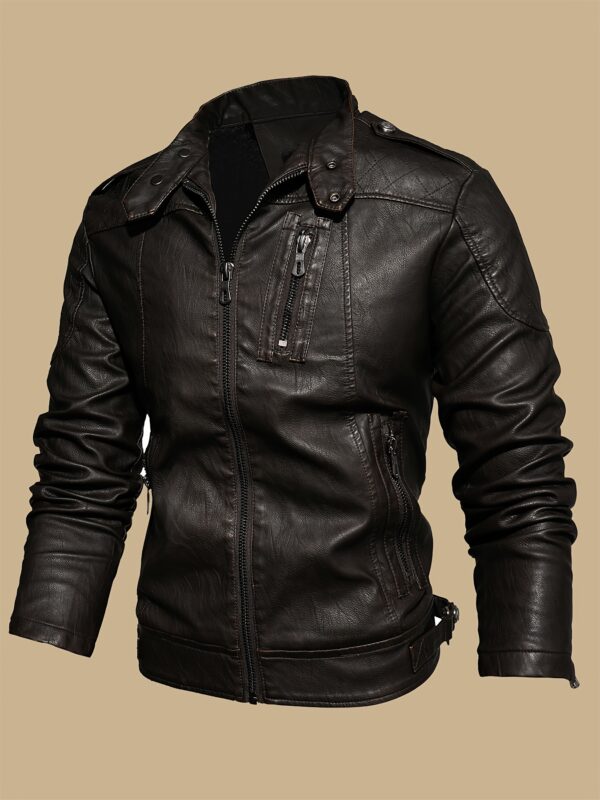 Men's Solid Color Stylish PU Leather Jacket, Chest Pocket Design Street Style Retro Classic Warm Motor Jacket As Gift - Image 9
