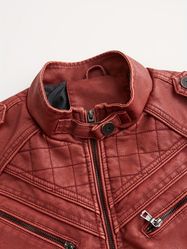 Men's Retro Red Biker Jacket - Stand Collar, Multi-Zip Pockets, Soft Shell Streetwear for Spring & Fall - Image 10