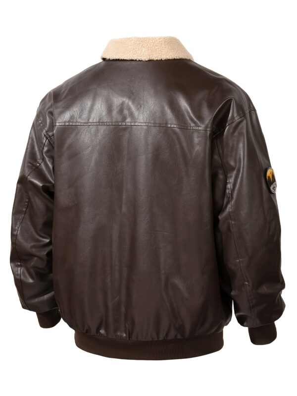 Men's Solid Color PU Leather Bomber Jacket, Casual Comfortable Fleece-Lined Lapel Long Sleeve Outerwear with Zipper Closure, Polyester Lining, and Aviation-Inspired Design for Fall/Winter Outdoor Activities, Outdoor Casual Wear | Aviationinspired Jacket | Durable Outdoor Wear - Image 8