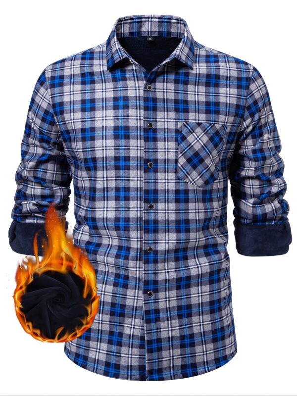 Long Sleeve Plaid Shirt - Velvet-Lined, Button-Up, Cozy - Men's Casual Fall/Winter Wear - Image 3