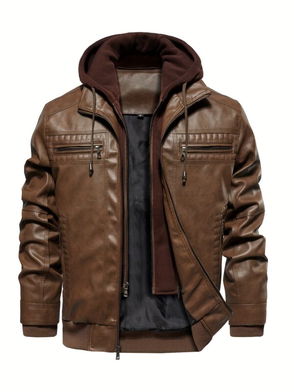 Men'S Casual Stand Collar PU Faux-Faux Leather Zip-Up Motorcycle Bomber Jacket with A Removable Hood - Image 10