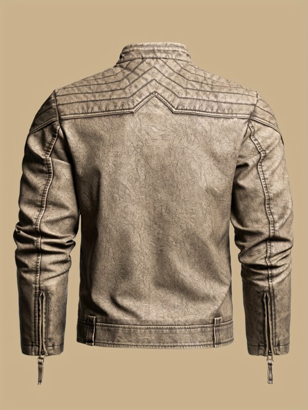 1pc Vintage Style Men'S Faux Leather Jacket - Classic Business Casual Motorcycle Biker Coat, High-Quality Fashion Outerwear with Washed Distressed Finish, Stand Collar, Long Sleeves, Zipper Closure, Non-Stretch Woven Fabric, Solid Color, Polyester Lining - Ideal for Daily & Casual Wear - Image 4