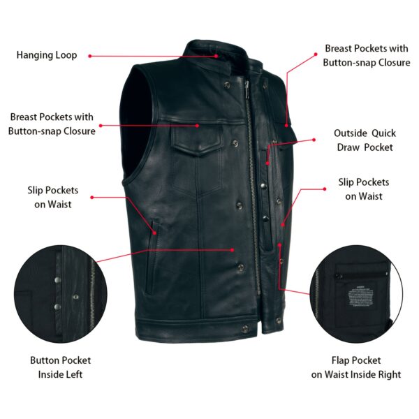 Spring Ride Mens Motorcycle Vest SOA Club Vest Black Biker Vest For Riding With Concealed Carry Pocket - Image 2