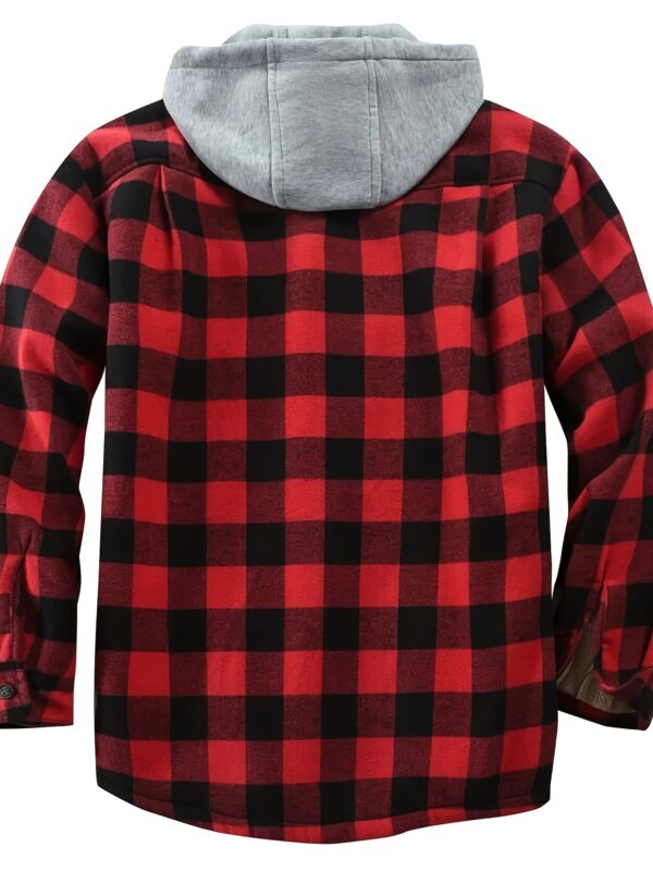 Men's Vintage Plaid Fleece-Lined Hooded Jacket - Warm Sherpa-Lined Button- Shirt with Pockets for Fall & Winter, Beige & Black Retro Style, Long Sleeve, Cotton Blend, Umbrella-Shaped Hem, Fleece Jacket - Image 6