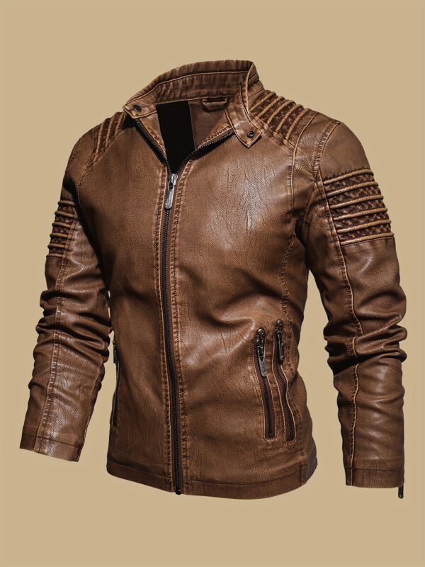 Men's Solid Color Retro PU Leather Jacket, Multi-pocket Street Stylish Classic Bomber Jacket - Image 4