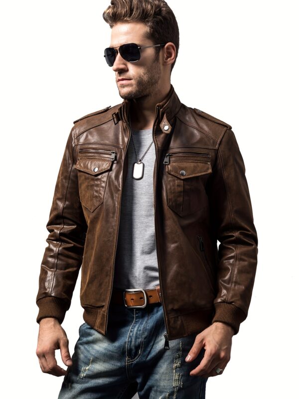 Retro Brown FLAVOR Men's Biker Jacket - Long Sleeve, Stand Collar, Zip-Up, Multiple Pockets, Casual Motorcycle Style, Men's Leather Jacket, Glossy Finish - Image 2