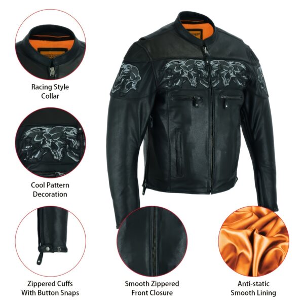 Black Motorcycle Jacket for Men, Genuine Concealed Carry Racing Jacket with Reflective Skulls, Motorcycle Biker Coat Jacket, - Image 6