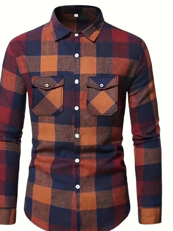 Long Sleeve, Polyester Men's Classic Plaid Flannel Shirt - Autumn Essential, Casual Button-Up Front with Pockets, Non-Stretch Fabric - Image 3