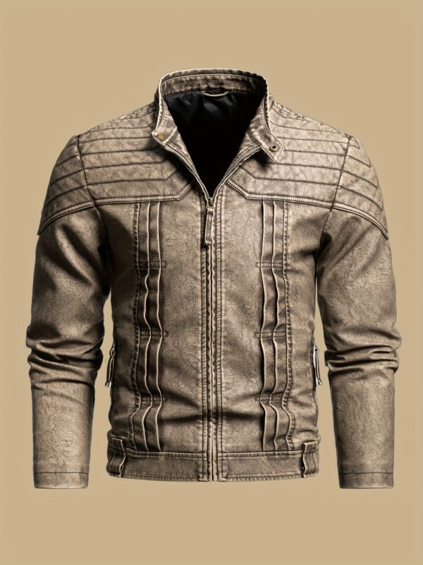 1pc Vintage Style Men'S Faux Leather Jacket - Classic Business Casual Motorcycle Biker Coat, High-Quality Fashion Outerwear with Washed Distressed Finish, Stand Collar, Long Sleeves, Zipper Closure, Non-Stretch Woven Fabric, Solid Color, Polyester Lining - Ideal for Daily & Casual Wear - Image 6