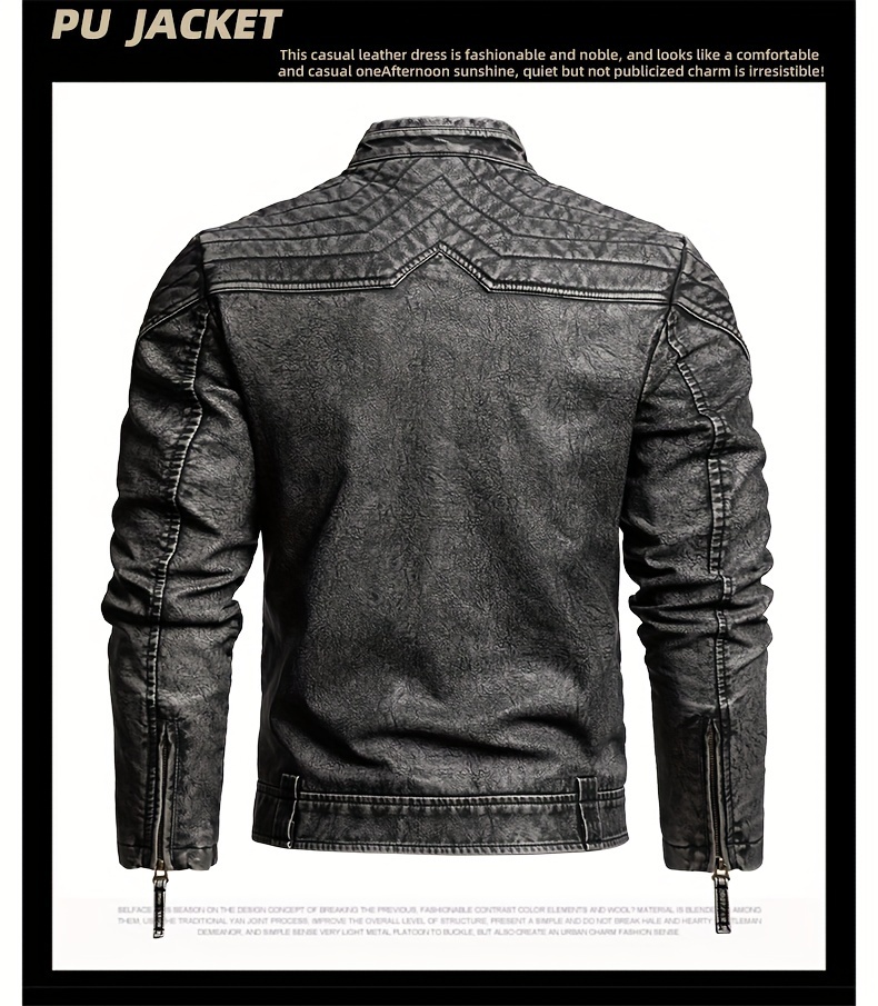 1pc Vintage Style Men'S Faux Leather Jacket - Classic Business Casual Motorcycle Biker Coat, High-Quality Fashion Outerwear with Washed Distressed Finish, Stand Collar, Long Sleeves, Zipper Closure, Non-Stretch Woven Fabric, Solid Color, Polyester Lining - Ideal for Daily & Casual Wear