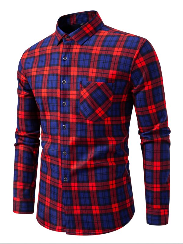 Long Sleeve Plaid Shirt - Velvet-Lined, Button-Up, Cozy - Men's Casual Fall/Winter Wear - Image 10