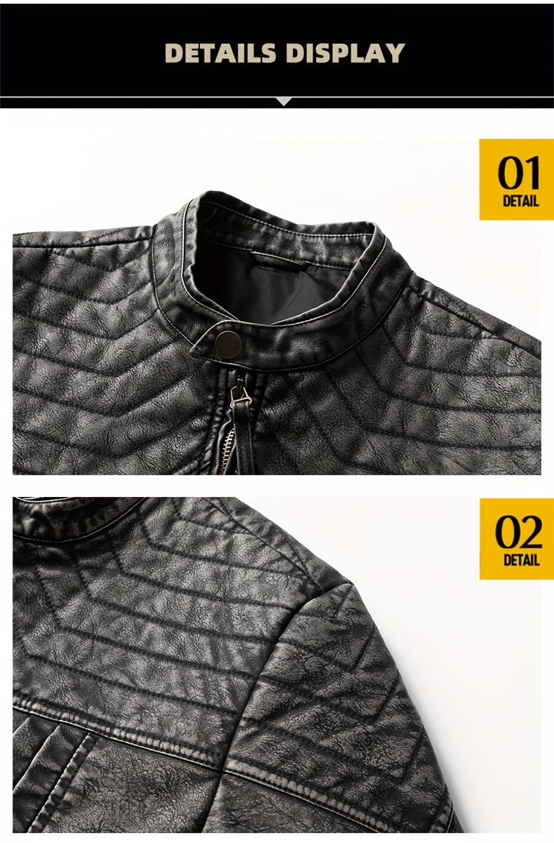 1pc Vintage Style Men'S Faux Leather Jacket - Classic Business Casual Motorcycle Biker Coat, High-Quality Fashion Outerwear with Washed Distressed Finish, Stand Collar, Long Sleeves, Zipper Closure, Non-Stretch Woven Fabric, Solid Color, Polyester Lining - Ideal for Daily & Casual Wear
