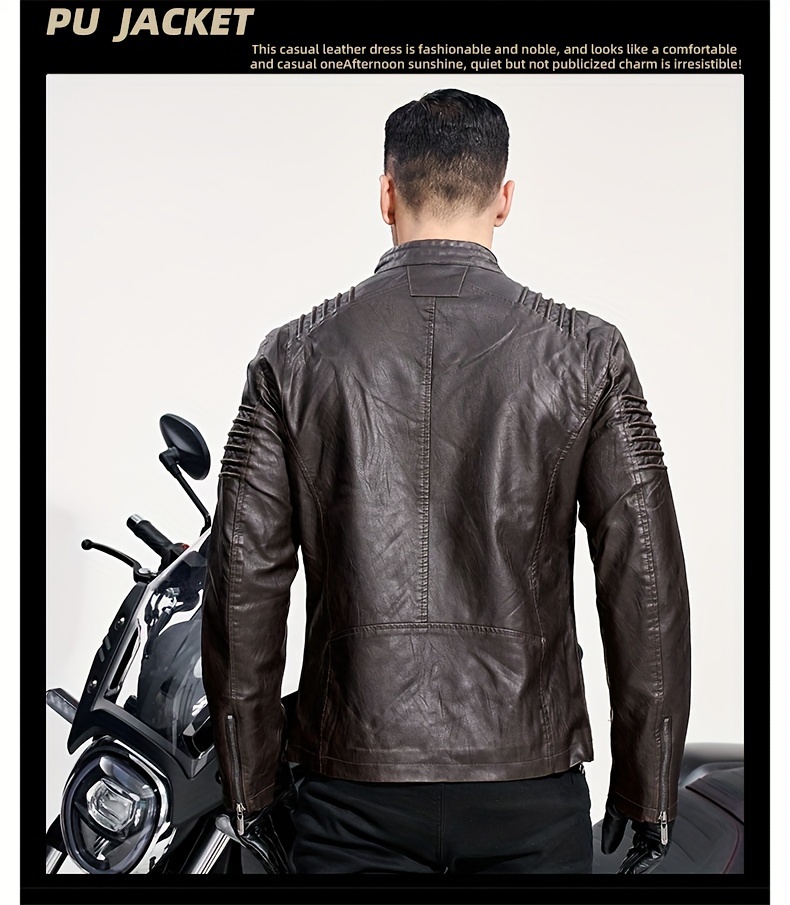 Men's Solid Color Retro PU Leather Jacket, Multi-pocket Street Stylish Classic Bomber Jacket