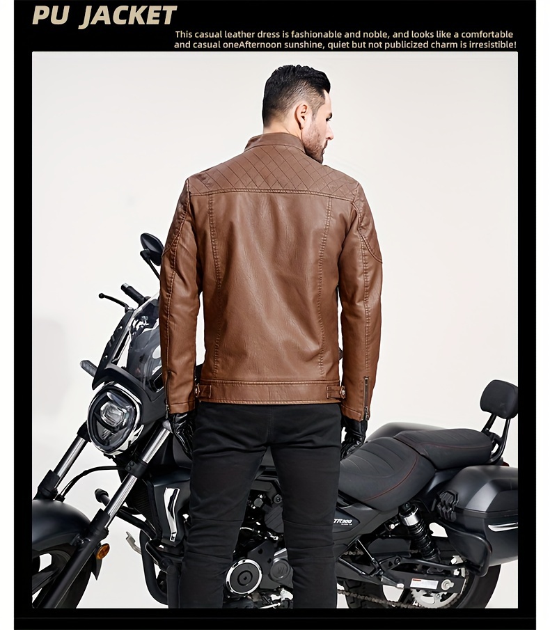 Men's Solid Color Stylish PU Leather Jacket, Chest Pocket Design Street Style Retro Classic Warm Motor Jacket As Gift