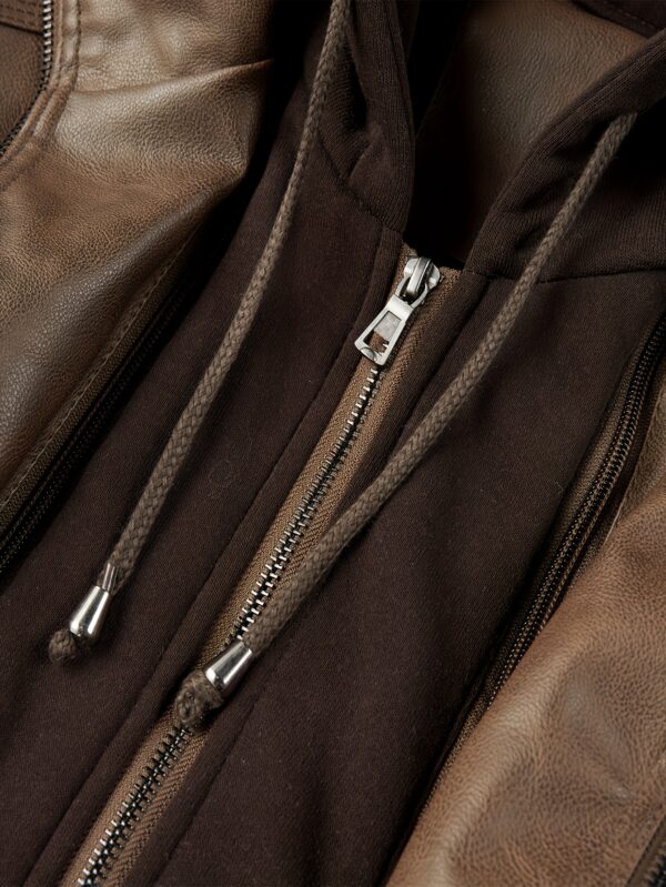 Men'S Casual Stand Collar PU Faux-Faux Leather Zip-Up Motorcycle Bomber Jacket with A Removable Hood - Image 8