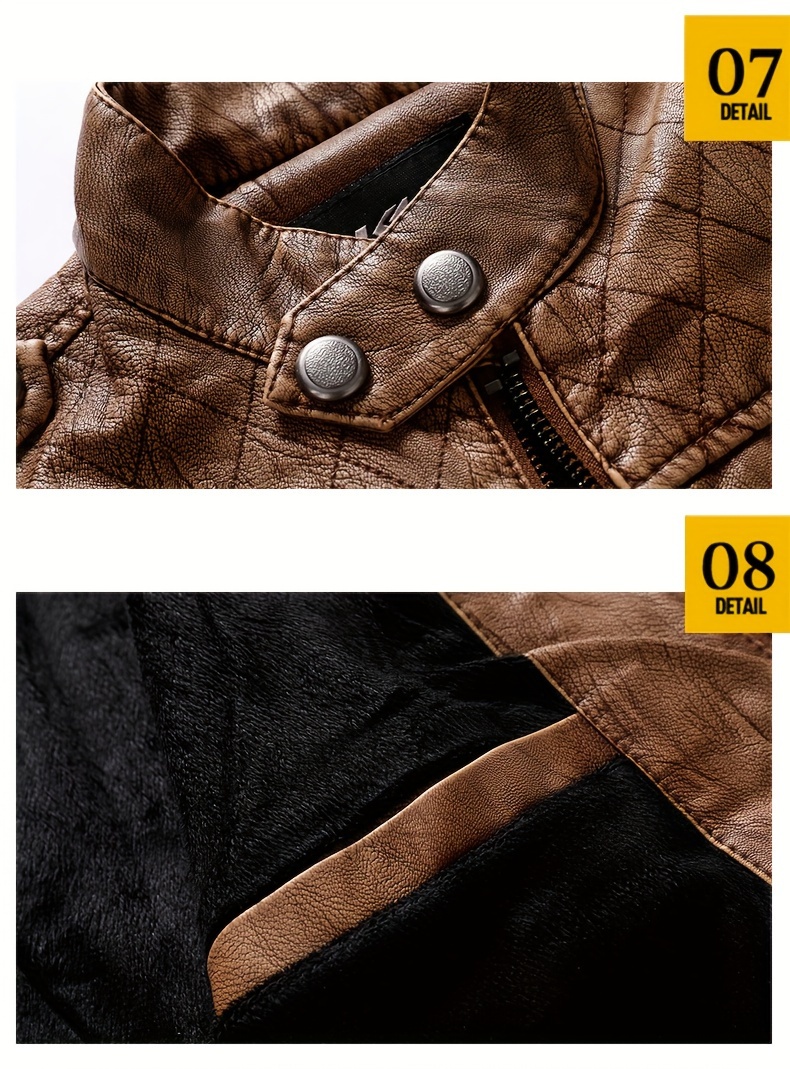 Men's Solid Color Stylish PU Leather Jacket, Chest Pocket Design Street Style Retro Classic Warm Motor Jacket As Gift