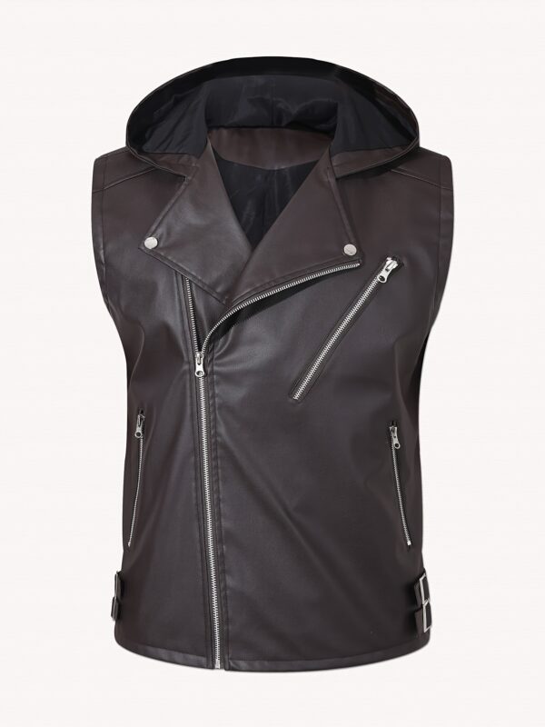 Spring summer motorcycle sleeveless leather vest coat men's fashion casual vest wearing pu hooded vest men - Image 2