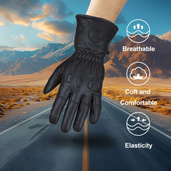 [Black Leather Motorcycle Gloves] Premium Black 1 Pair Men's Genuine Cowhide Leather Motorcycle Gloves - Warm, Comfortable Full Finger Design - Secure Wrist Closure for Road Racing, Cycling, Climbing & Power Sports - Image 2