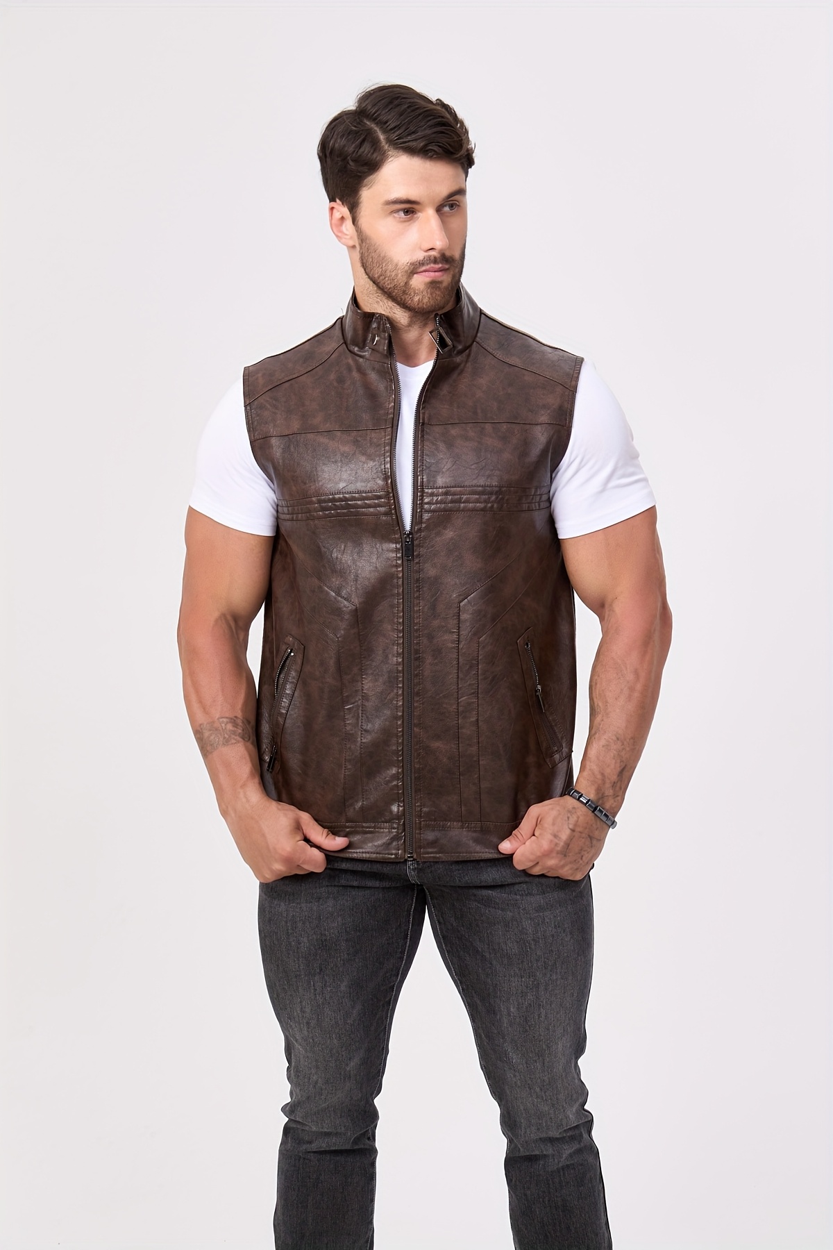 Men's PU Leather Motorcycle Vest - Slim Fit Sleeveless Jacket with Zippered Pockets, Stand Collar & Reinforced Straps, PU Leather & Polyester Blend for Biking, Casual, Daily Wear (Black)