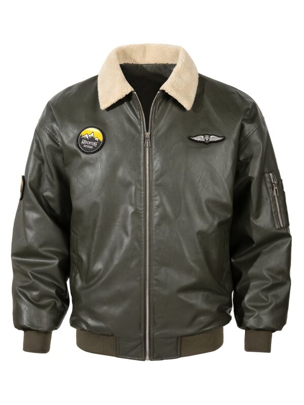 Men's Solid Color PU Leather Bomber Jacket, Casual Comfortable Fleece-Lined Lapel Long Sleeve Outerwear with Zipper Closure, Polyester Lining, and Aviation-Inspired Design for Fall/Winter Outdoor Activities, Outdoor Casual Wear | Aviationinspired Jacket | Durable Outdoor Wear - Image 2
