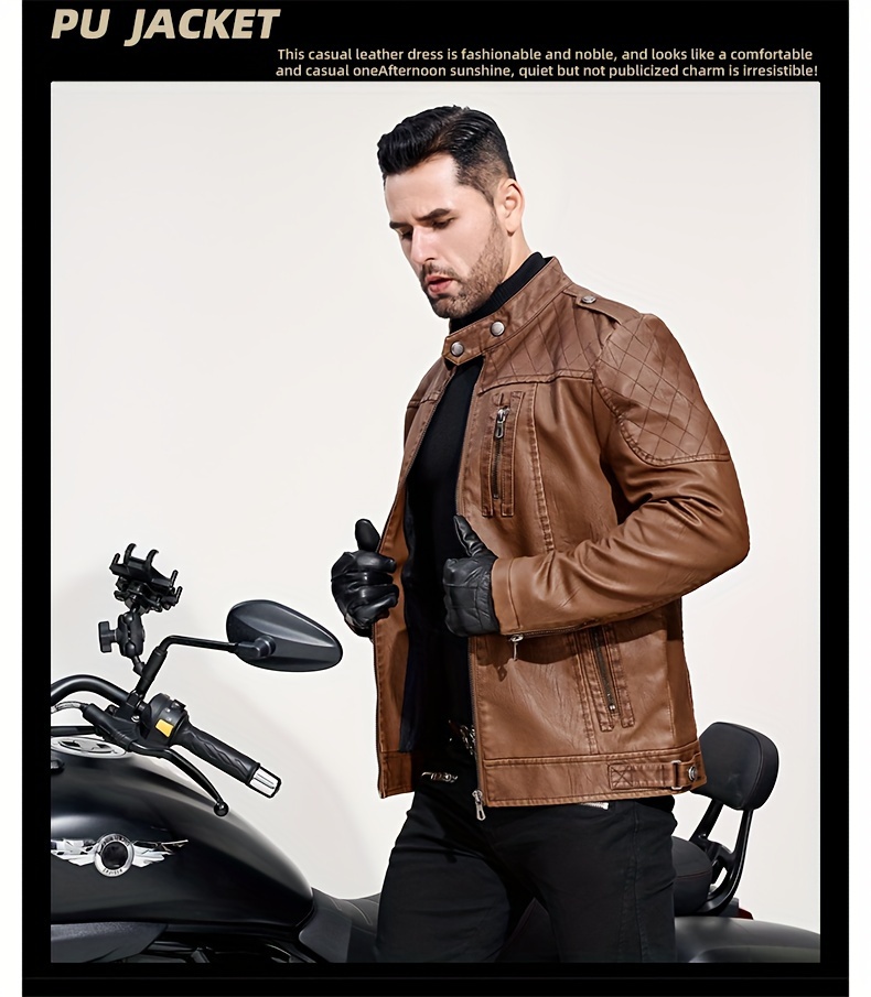 Men's Solid Color Stylish PU Leather Jacket, Chest Pocket Design Street Style Retro Classic Warm Motor Jacket As Gift