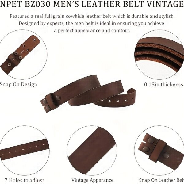 2pcs-NPET Men'S Full Grain Leather Belt Vintage Distressed Style With Snap-On Strap 1 1/2" Wide Without Buckle, Without Buckle - Image 3