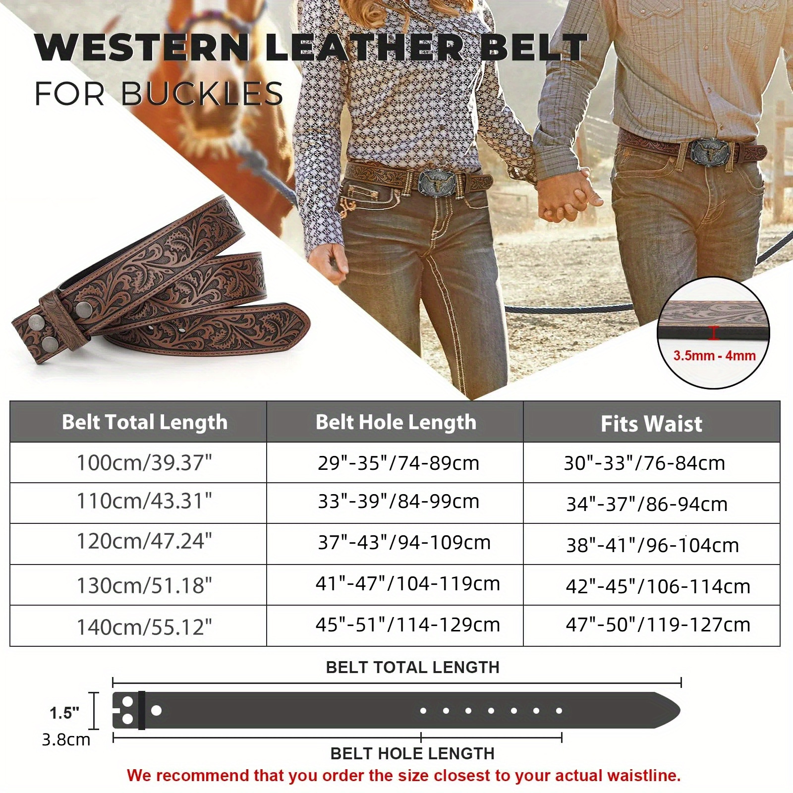 2-Pack Western Real Split Leather Belt Strap For Men & Women - Cowboy Cowgirl Belt Accessories - NO BUCKLE - For Everyday Wear & Special Occasions - Perfect Gift for Western Enthusiasts